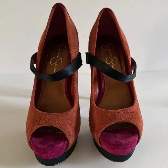 Women’s Suede Peep Toe Heels Size 8.5 M Orange Black Pink Color block Formal - Picture 7 of 14